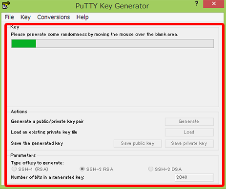 「PuTTY Key Generator」ダイアログ内でマウスをぐりぐり動かしてください